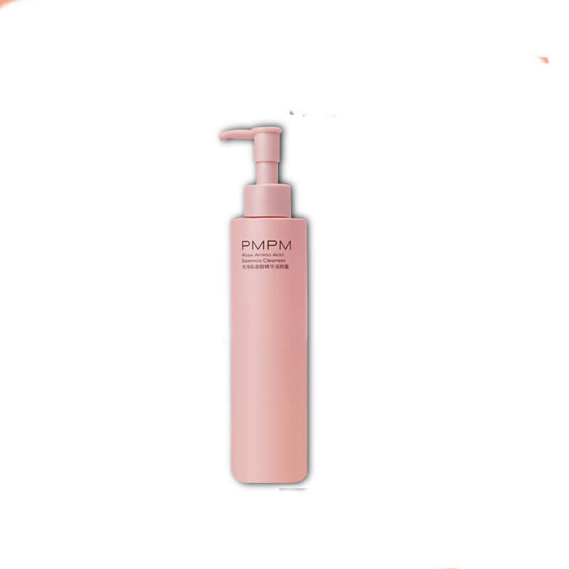 PMPM Rose Tea Lotion for dry, sensitive skin, in a pink bottle with dispenser, ideal for moisturizing and brightening skin tone.