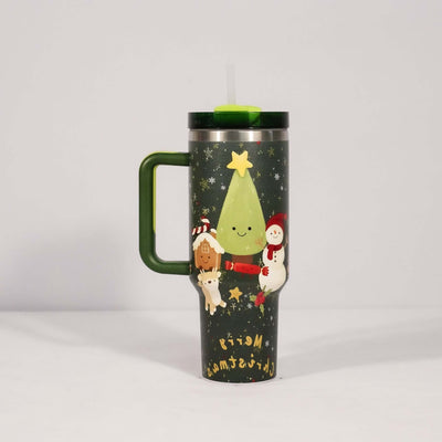 New Christmas Pattern Mug With Handle Lid Straw Drinkware Stainless Steel Vacuum Tumbler Large Capacity