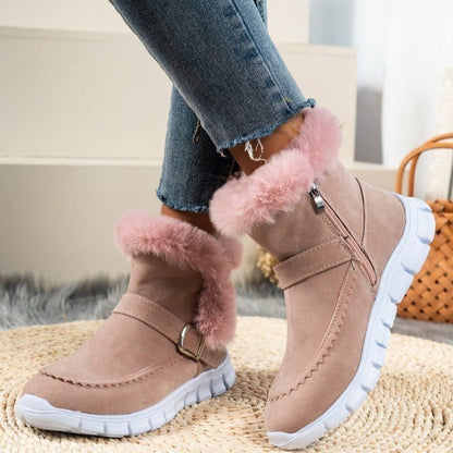 New Snow Boots Winter Warm Thickened Solid Color Plush Ankle Boots With Buckle Design Plus Velvet Flat Shoes For Women