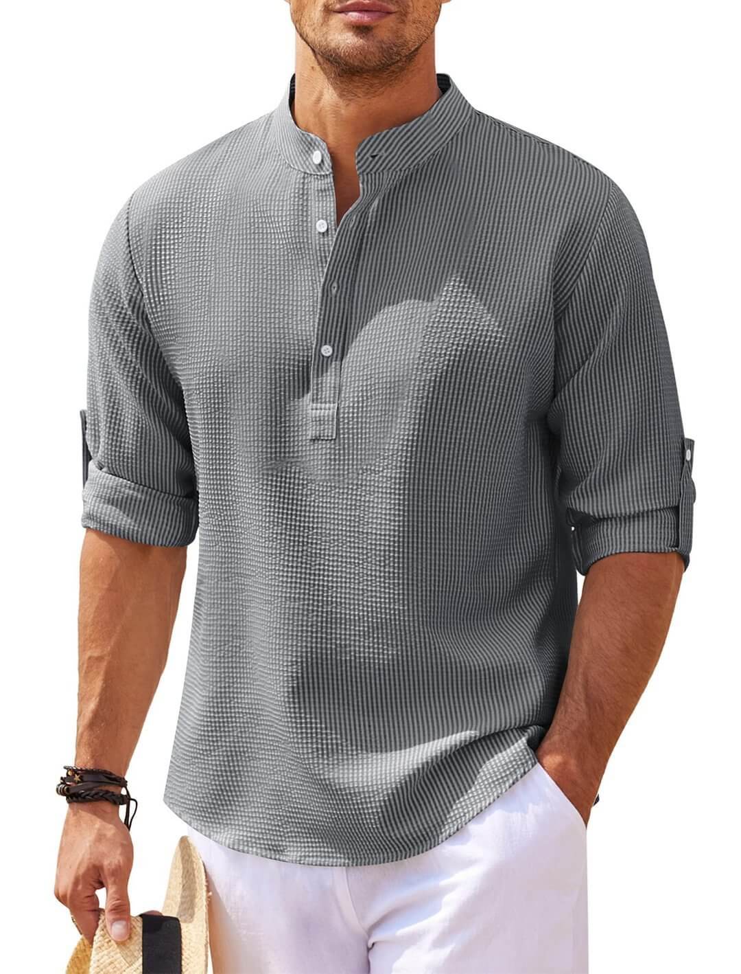 Men's Casual Shirt Long Sleeve Stand Collar Solid Color Shirt for Men's