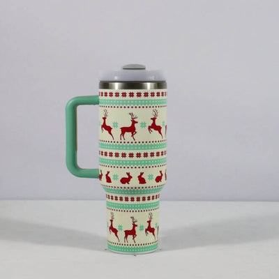 New Christmas Pattern Mug With Handle Lid Straw Drinkware Stainless Steel Vacuum Tumbler Large Capacity