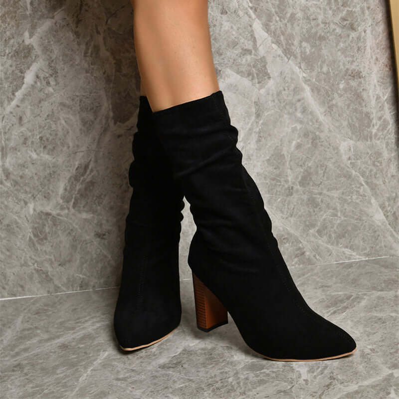 Pointed Toe High Block Heels Boots Woman Winter Warm Mid-calf Suede Long Boots New Fashion