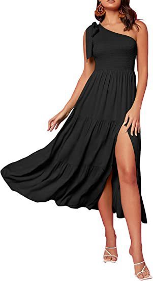 New Summer Fashion Women's One-shoulder Pleated Layered Hem Split Dress