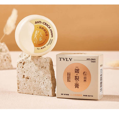 TVLV anti-crack cream container and box displayed on a beige surface, with focus on moisturizing and skin repair benefits.