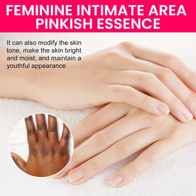 Close-up of hands with text about benefits of Feminine Intimate Area Pinkish Essence, showing skin tone modification.