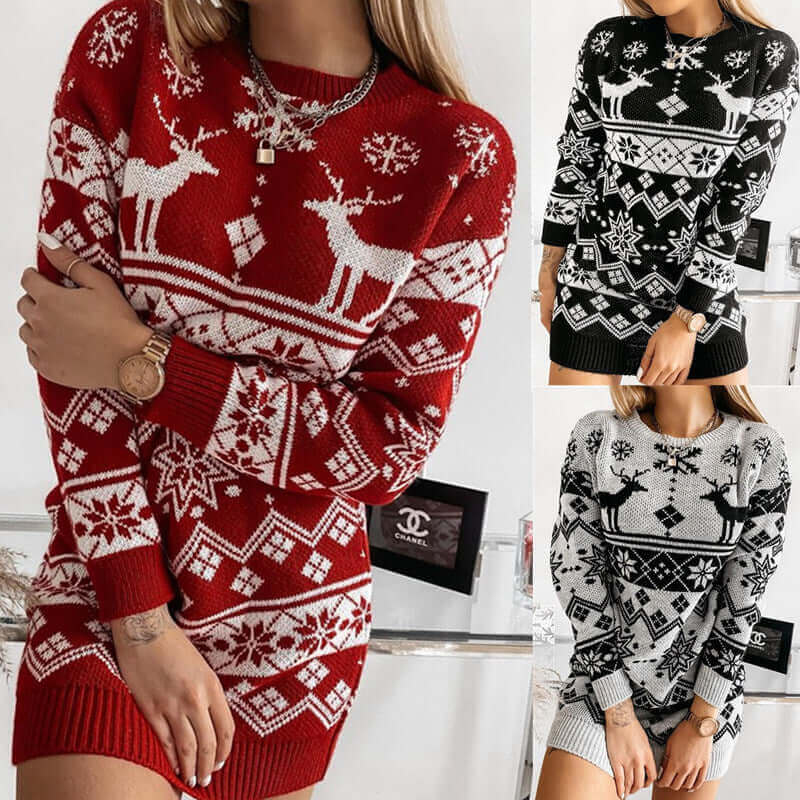 Elk Snowflake Christmas Jacquard Knitted Dress Long Knitted Sweaters