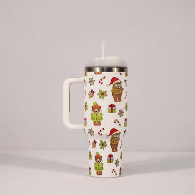 New Christmas Pattern Mug With Handle Lid Straw Drinkware Stainless Steel Vacuum Tumbler Large Capacity