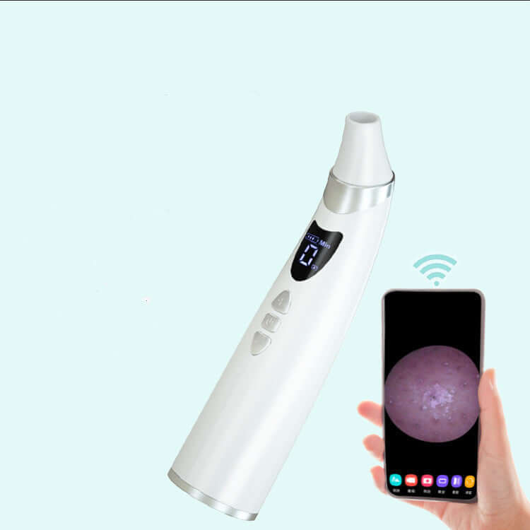 Electric blackhead suction instrument connected to mobile app displaying magnified skin pore image on smartphone screen