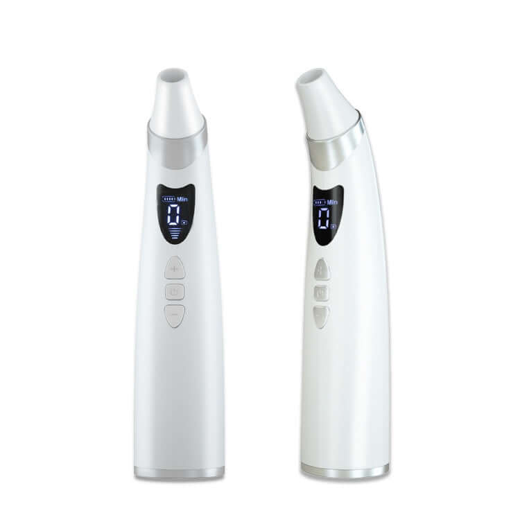 Two white electric blackhead suction instruments with digital displays and multiple silicone heads for skin care.