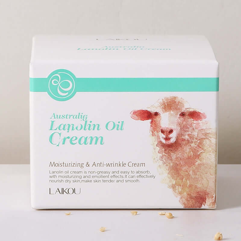 Australian Lanolin Oil Cream packaging featuring moisturizing and anti-wrinkle benefits with an image of a sheep on the front.