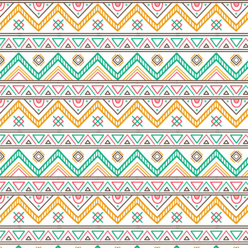 Colorful geometric tribal pattern with zigzag and diamond shapes in pastel green, orange, and pink on a white background.