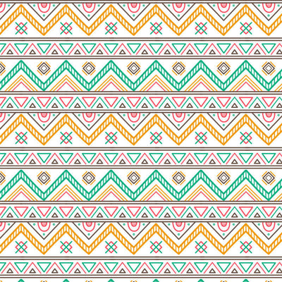 Colorful geometric tribal pattern with zigzag and diamond shapes in pastel green, orange, and pink on a white background.