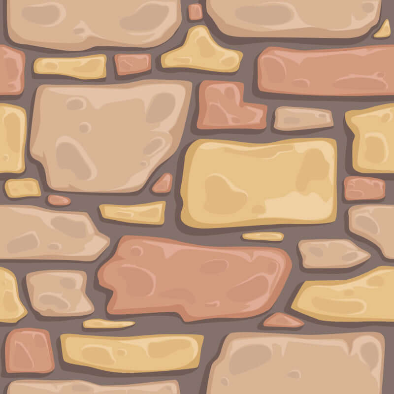 Seamless pattern of cartoon-style stone wall with varied shapes and shades of beige and brown stones.