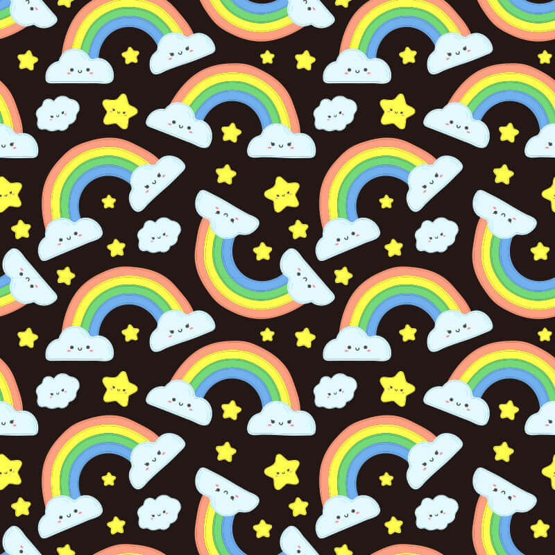 Seamless pattern of cartoon rainbows, stars, and clouds on a dark background for children's textiles or wallpaper.