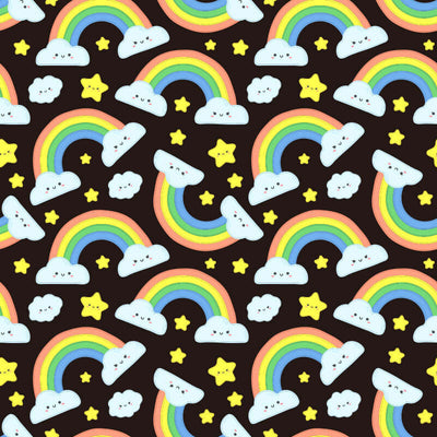 Seamless pattern of cartoon rainbows, stars, and clouds on a dark background for children's textiles or wallpaper.