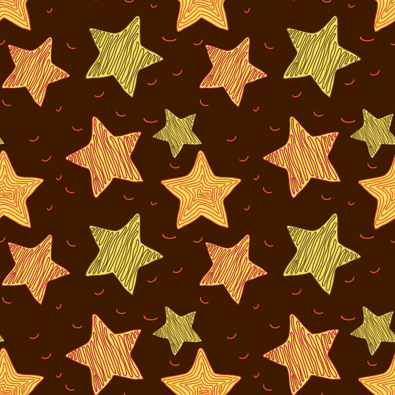 Seamless pattern of hand-drawn golden and yellow stars on a dark brown background, artistic starry design for fabric or wallpaper.