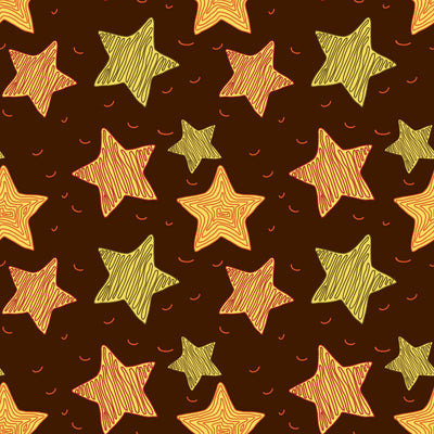 Seamless pattern of hand-drawn golden and yellow stars on a dark brown background, artistic starry design for fabric or wallpaper.