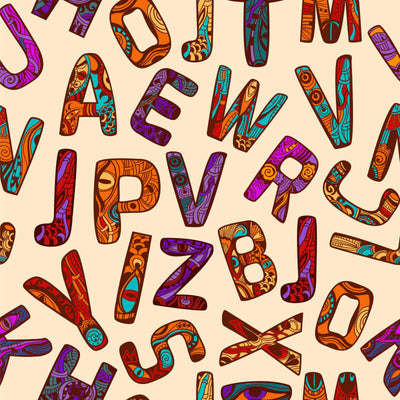 Colorful bohemian style alphabet letters with intricate patterns on a cream background