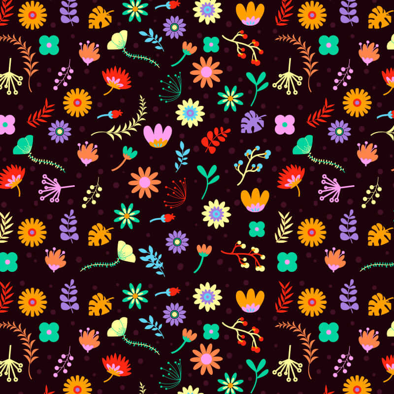 Colorful floral pattern with a variety of flowers and leaves on a dark background, suitable for fabric or wallpaper designs.