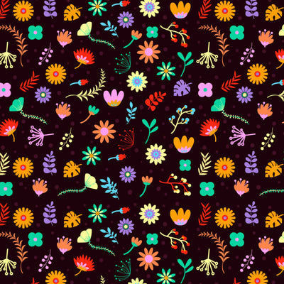 Colorful floral pattern with a variety of flowers and leaves on a dark background, suitable for fabric or wallpaper designs.