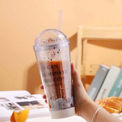 Luminous Creative Coffee Cup Plastic Cup Light Gradient Portable Student Double Straw Water Cup