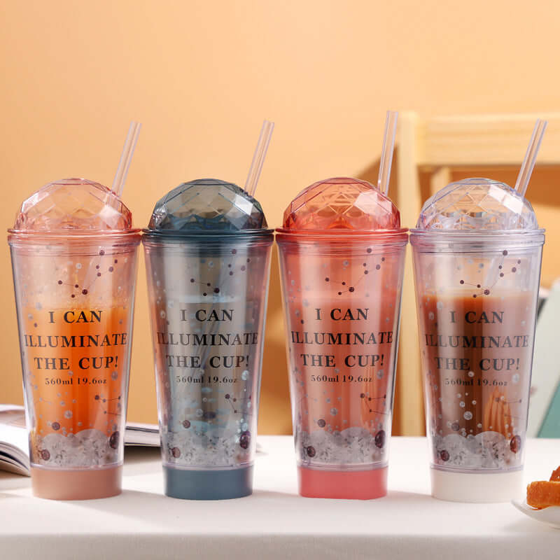 Luminous Creative Coffee Cup Plastic Cup Light Gradient Portable Student Double Straw Water Cup