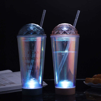 Luminous Creative Coffee Cup Plastic Cup Light Gradient Portable Student Double Straw Water Cup