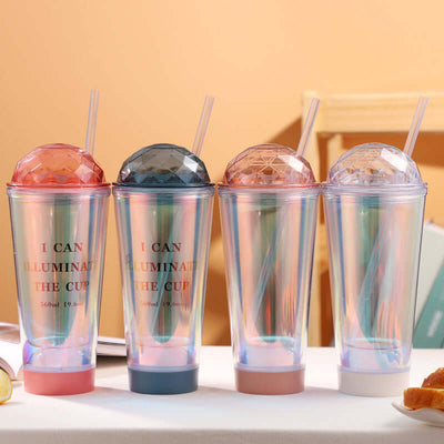 Luminous Creative Coffee Cup Plastic Cup Light Gradient Portable Student Double Straw Water Cup