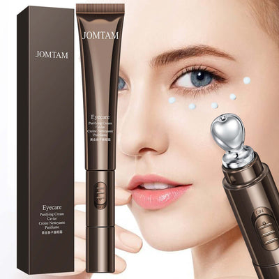 JOMTAM eye care cream for reducing dark circles, puffiness, and eye bags, featuring a woman applying the product with a metal applicator.