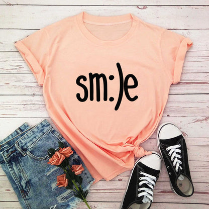 T-shirt Women New Smile Letter Printed Shirt O Neck Short Sleeve Tees Summer Top 100%cotton Women's T-shirts