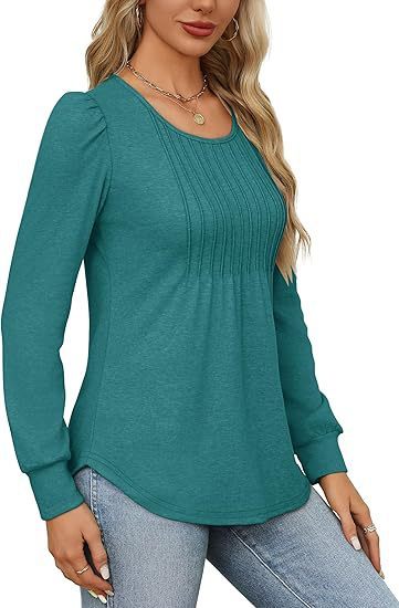 Women's Bubble Sleeve Waist Pleated Round Neck Long Sleeve T-shirt