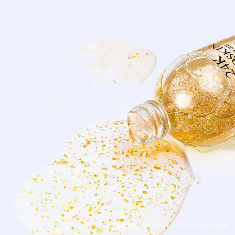 Gold liquid skin care essence spilling from bottle with ginseng and cordyceps particles, promoting firming and lifting effects.