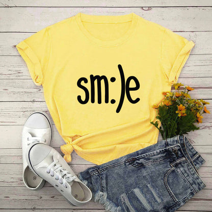 T-shirt Women New Smile Letter Printed Shirt O Neck Short Sleeve Tees Summer Top 100%cotton Women's T-shirts