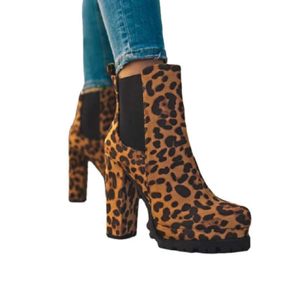 Round-toe Ankle Boots Solid Leopard Print Thick Square High Heel Shoes Ladies Casual