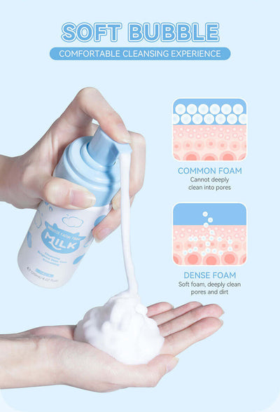 Hand pressing 120ml pore cleaning skin care product foam dispenser, creating dense foam, with infographic comparing foam types.