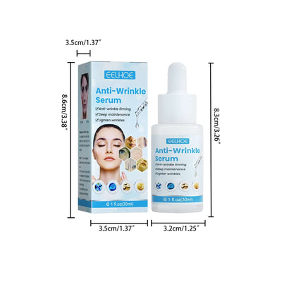 Hyaluronic Acid Anti-Wrinkle Serum in 30ml packaging with dropper and box featuring product information and dimensions.