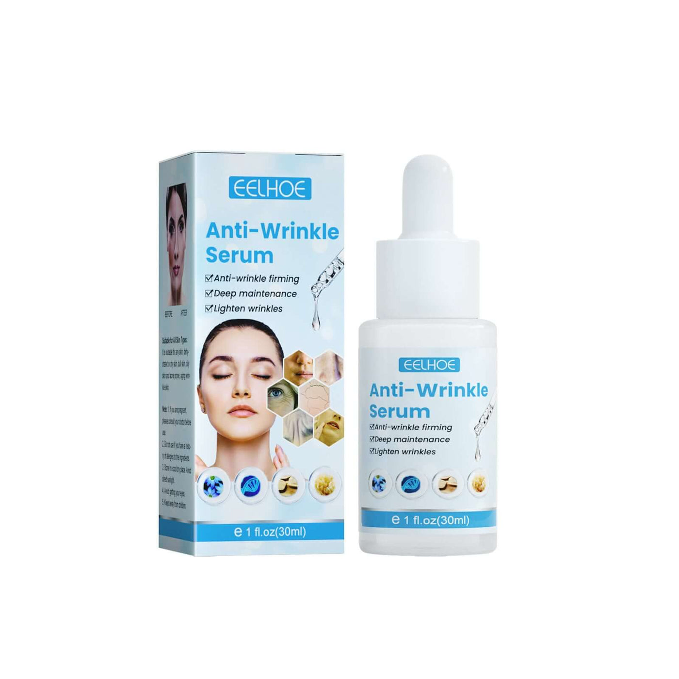 EELHOE Anti-Wrinkle Serum 30ml bottle with dropper alongside its packaging box, highlighting skin benefits