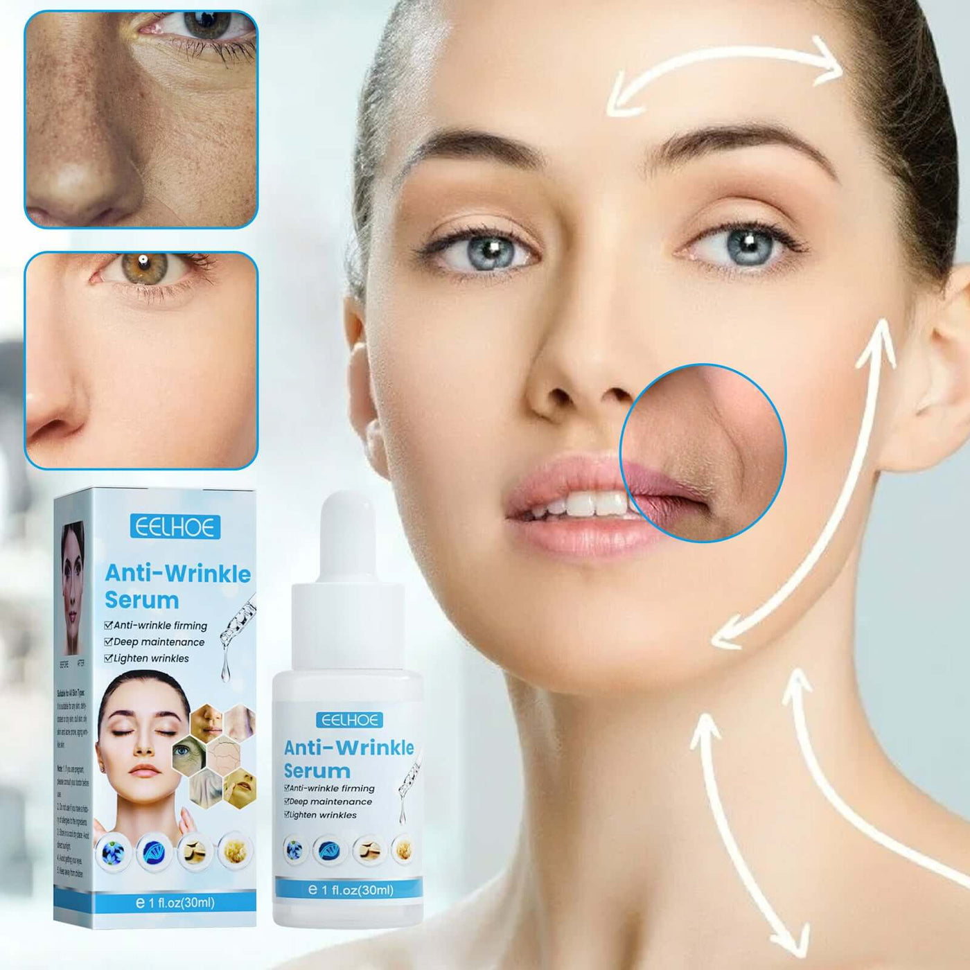 Woman demonstrating effects of anti-wrinkle serum with before and after skin results, product packaging included