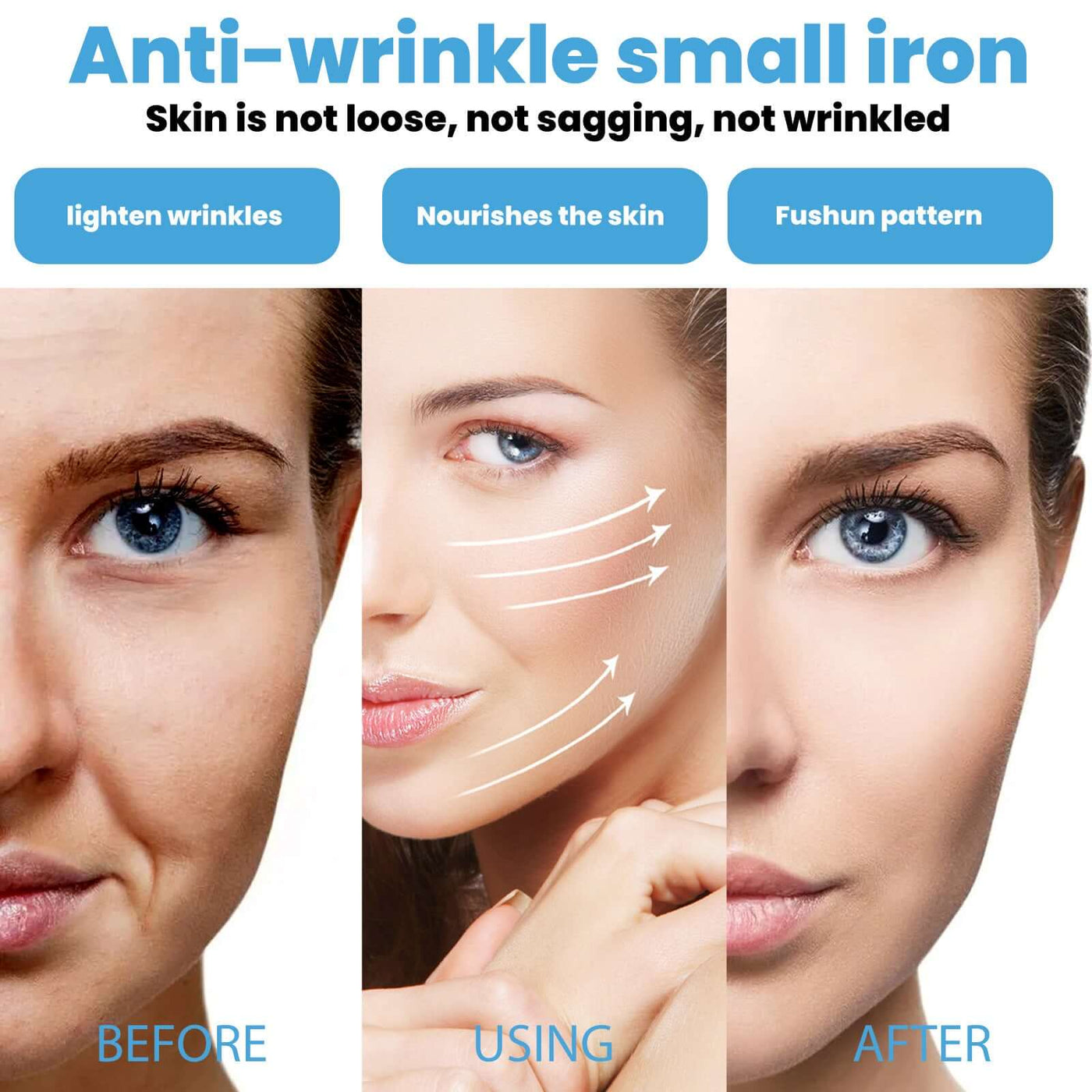 Before and after comparison of anti-wrinkle skin treatment, showing effects on woman's facial skin with improvement highlights