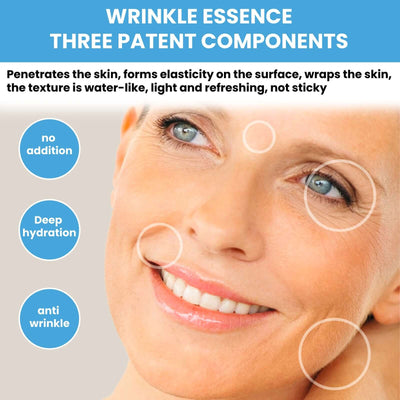 Close-up of a smiling woman's face highlighting anti-wrinkle and deep hydration effects of wrinkle essence skincare product