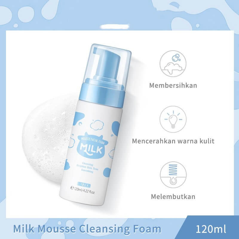 Milk Mousse Cleansing Foam 120ml bottle with foam texture icons illustrating skin cleansing, brightening, and softening benefits.