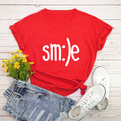 T-shirt Women New Smile Letter Printed Shirt O Neck Short Sleeve Tees Summer Top 100%cotton Women's T-shirts