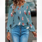 Feather Print Polo Shirt Long Lantern Sleeve Shirt Turndown Collar Breasted Tops Clothes