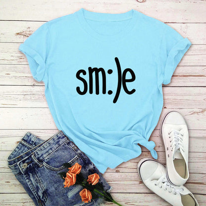 T-shirt Women New Smile Letter Printed Shirt O Neck Short Sleeve Tees Summer Top 100%cotton Women's T-shirts