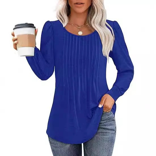 Women's Bubble Sleeve Waist Pleated Round Neck Long Sleeve T-shirt