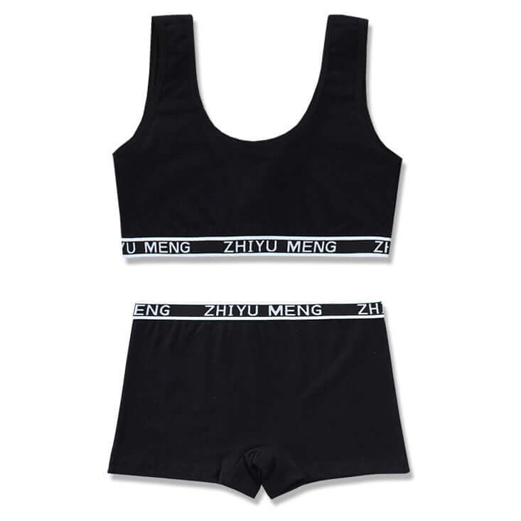 Children's black cotton underwear set featuring vest-style top and boxer briefs with branded elastic waistbands