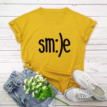 T-shirt Women New Smile Letter Printed Shirt O Neck Short Sleeve Tees Summer Top 100%cotton Women's T-shirts