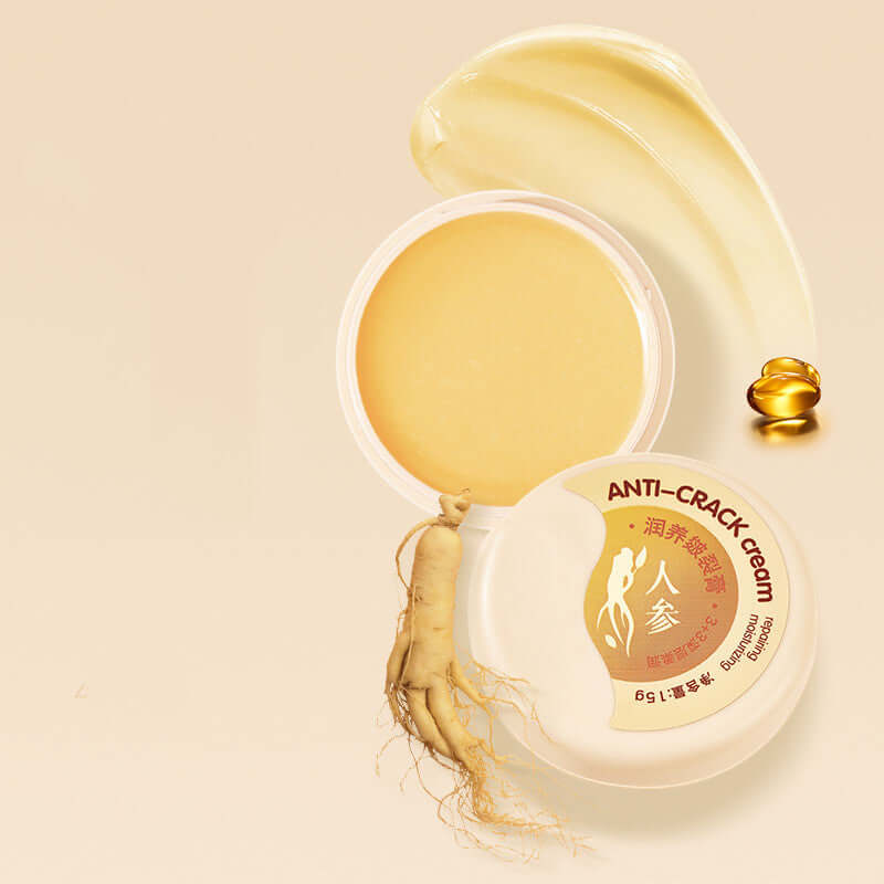 Open container of Care Moisturizing Skin Repair Cream with ginseng, labeled as anti-crack cream, on a beige background.