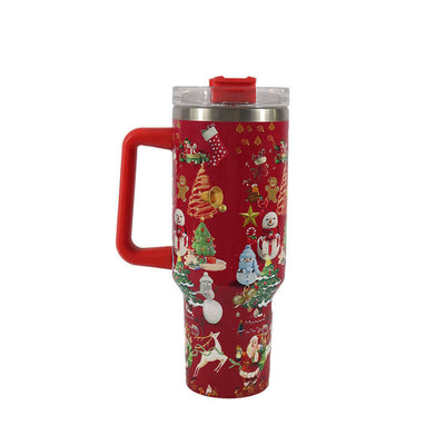 New Christmas Pattern Mug With Handle Lid Straw Drinkware Stainless Steel Vacuum Tumbler Large Capacity