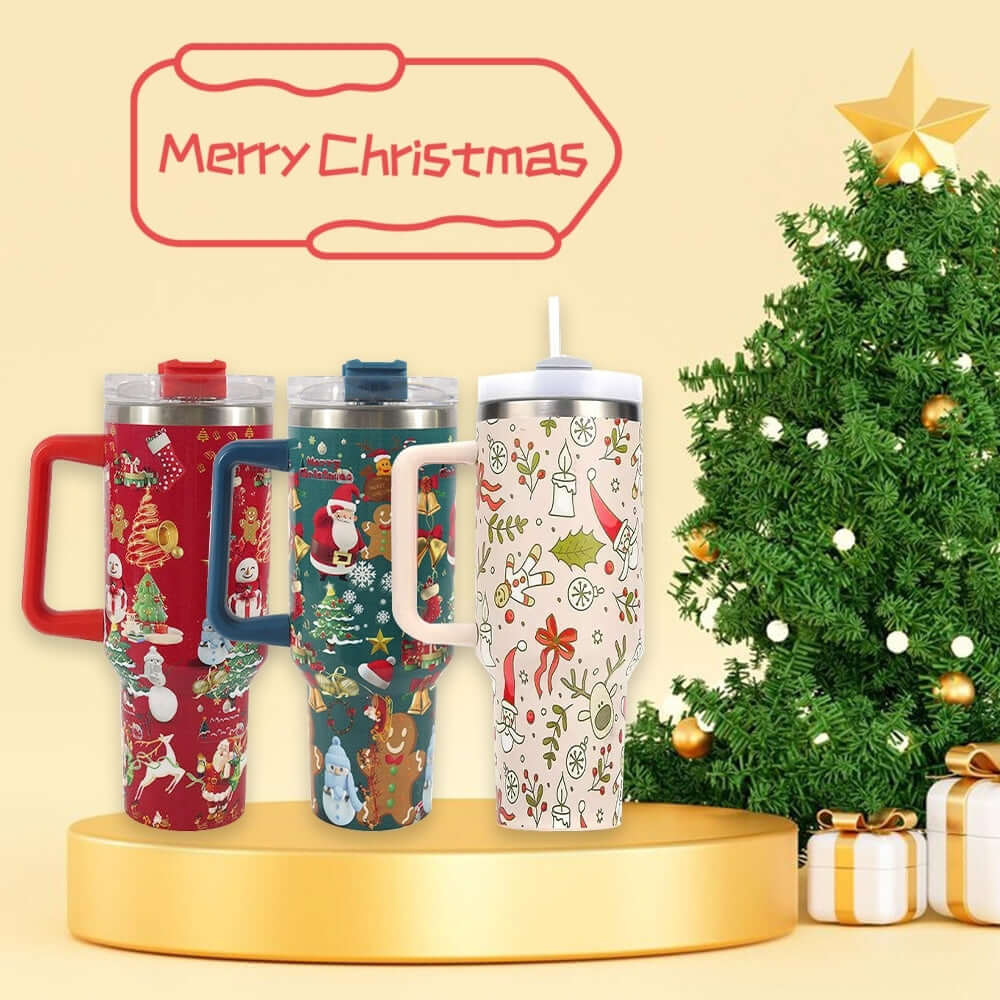 New Christmas Pattern Mug With Handle Lid Straw Drinkware Stainless Steel Vacuum Tumbler Large Capacity